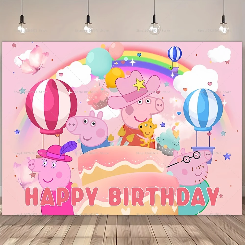 Fondo de Cumpleaños de Peppa Pig, Decoración para Fiestas Infantiles, Pancarta con Diseño de la Familia Pig, para Niños y Niñas, Baby Shower