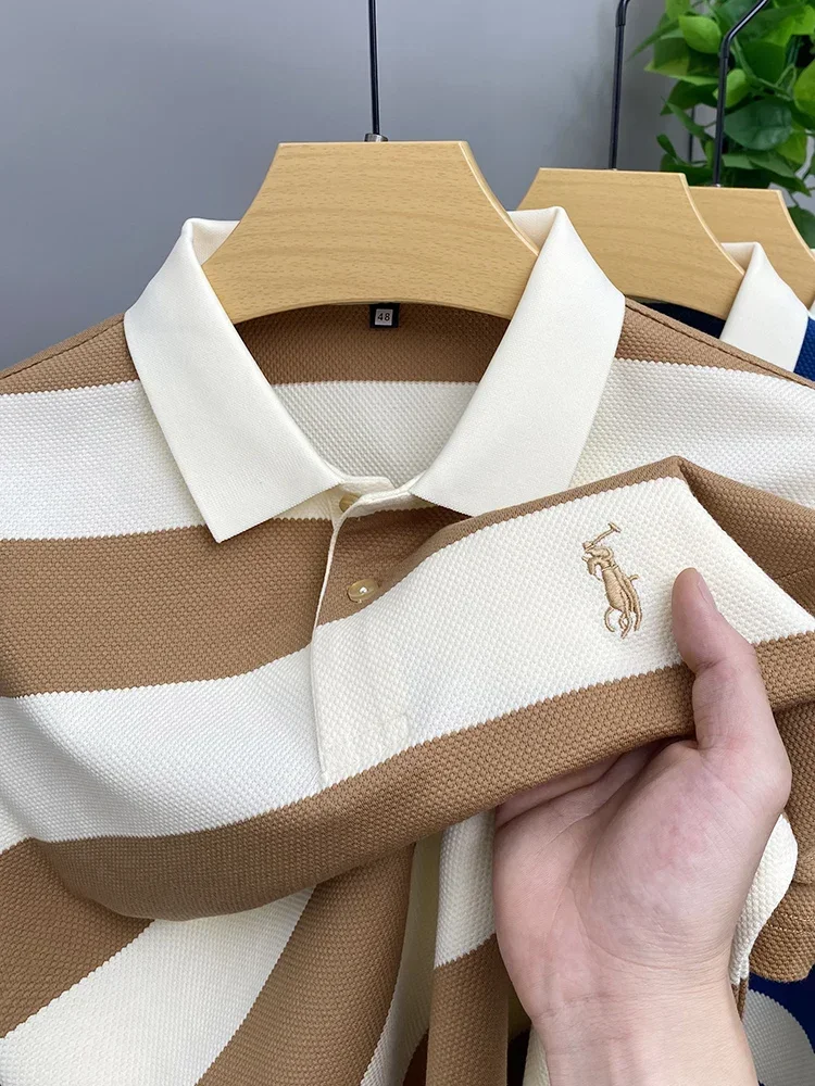 2024 New Summer High Quality Lapel POLO Shirt Short Sleeve Men\'s Breathable Fashion Striped Embroidered Business Casual Top