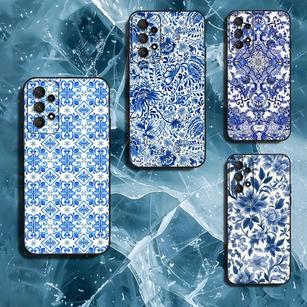 

B-Blue and White P-Porcelain Phone Case For Samsung Galaxy A13,A21s,A22,A31,A32,A52,A53,A71,A80,Soft Black Shell