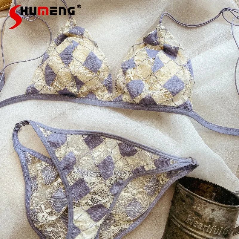 

Lace Embroidered Bra Triangle Cup Bra Set Women French Style Sexy Backless Lingerie Outfits Female Ultra Thin Strap Underwear