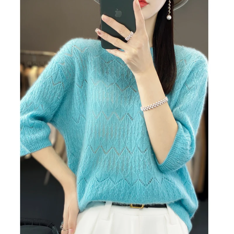 Autumn/winter new cashmere sweater women's sweater 100% Merino wool fashion low neckline hollowed-out micro-permeable temperamen