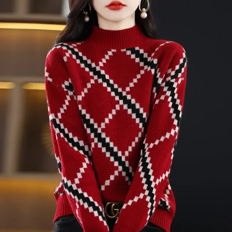 

Women Chic Striped Fashion Loose Thick Sweaters Long Sleeve Plaid Jacquard Woollen Sweater New Knitted O-neck Pullovers Z302