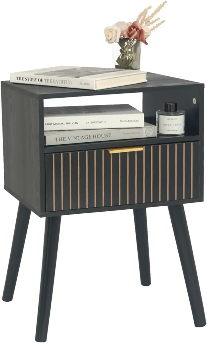 

Black Nightstand with Drawer, Mid Century Modern Bedside Table with Open Shelf Storage, End Table with Solid Wood Legs,