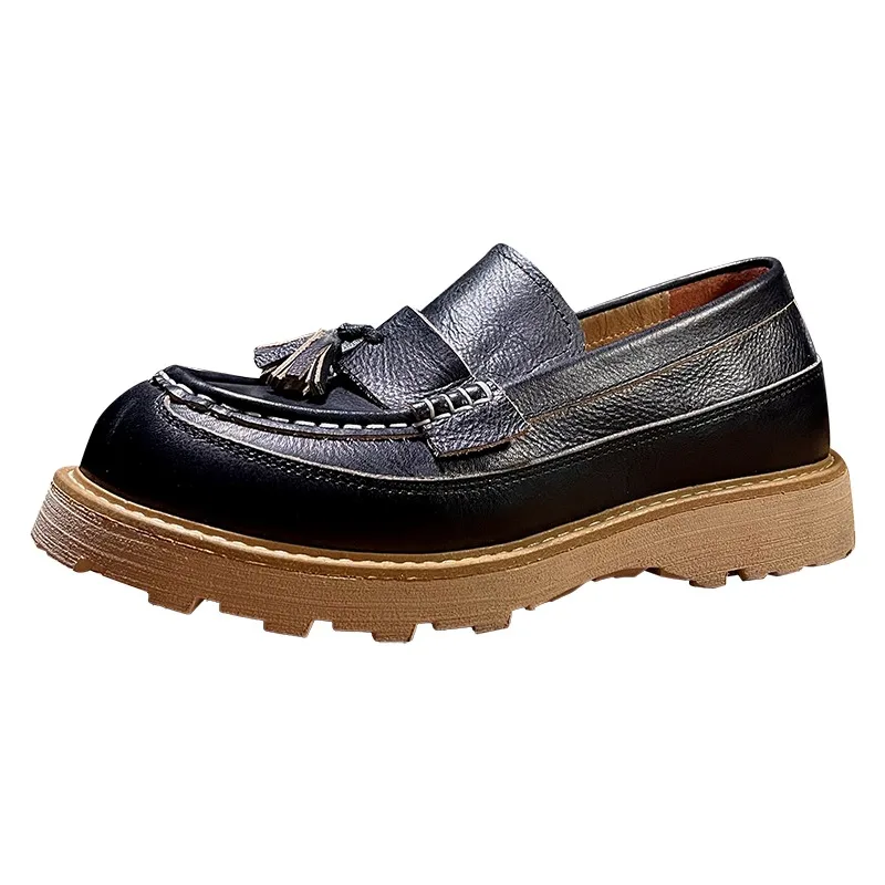 

Handmade Tassel Slip on Loafers Men's Leather Shoes British Casual Platform Genuine Leather Fashion Round Toe Work Shoes Male