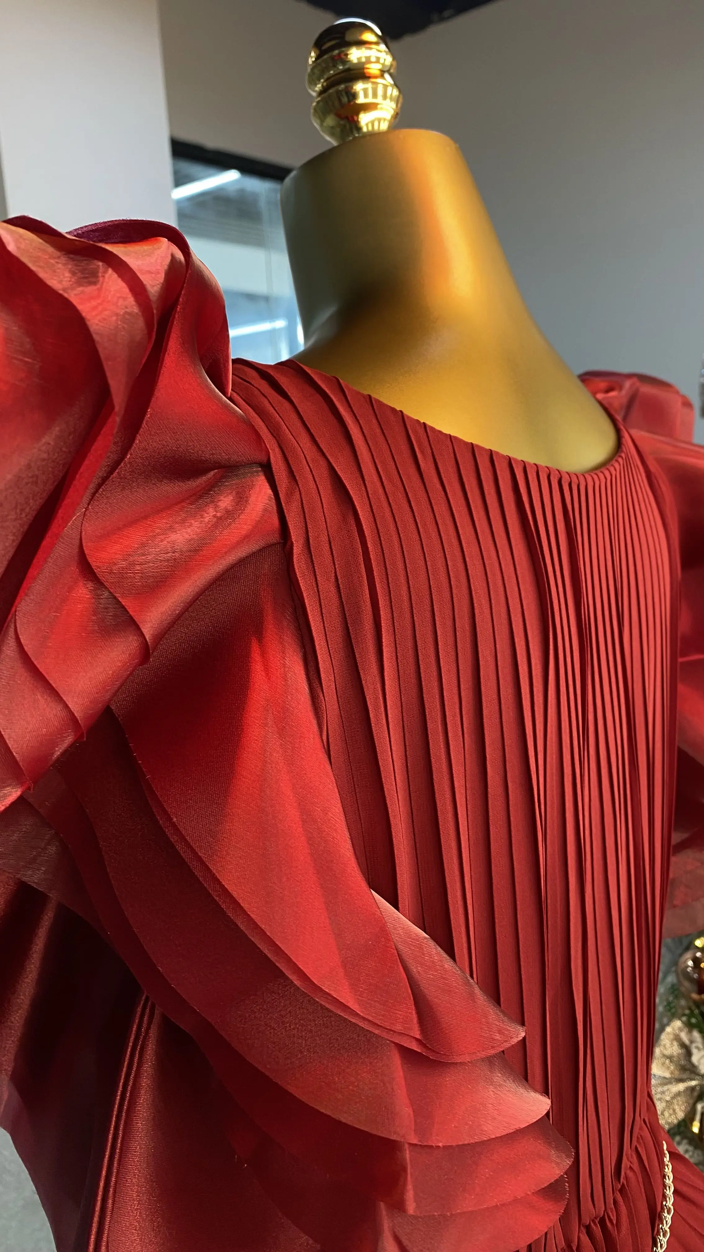 فستان نسائي أنيق برقبة دائرية من حجر الراين باللون العنابي مع طيات كبيرة-GZXX054 #3