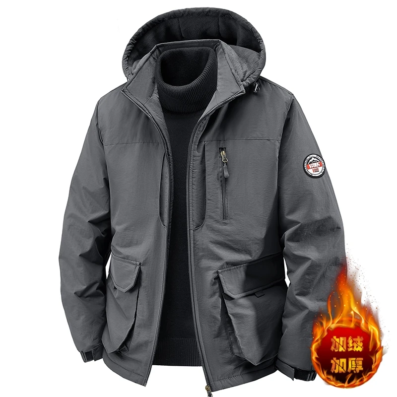Big size 8XL Autumn Winter Men's Fleece Thickened Hooded Multi-Pocket Zipper Men Jacket Fashion Outdoor Sport Hiking Coat Parkas