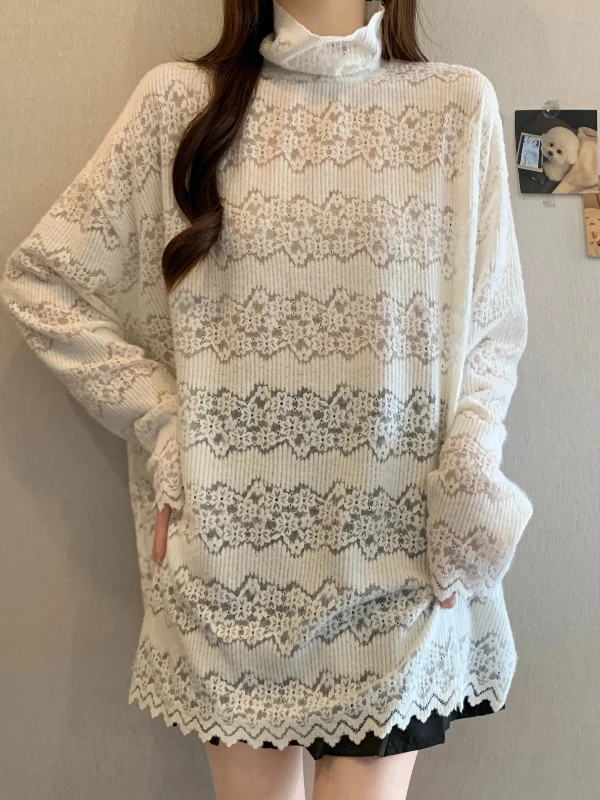 Lace High Collar Long Sleeve Base Shirt Women's Autumn Spring plus Size Slimming mid Length Butt Covering Top Korean Style