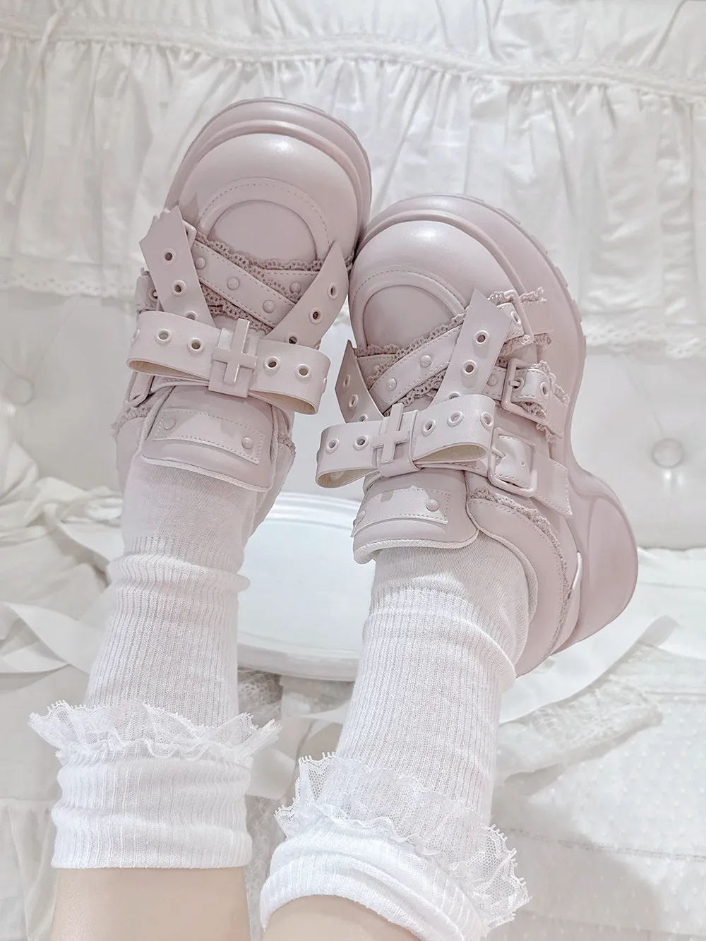 Transfer Student Gothic Cross Buckle Platform Shoes Dark Lolita Chunky Thick Sole Lace-Lace Women Sneakers Harajuku Alt Fashion