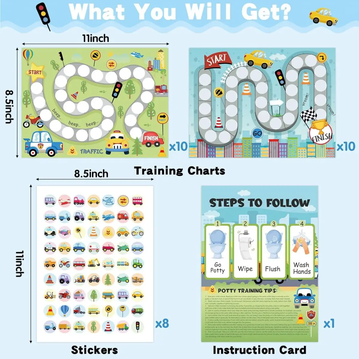 Potty Training Chart with Vehicle Sticker Rewards Toilet Training Step Behavior Planner Sticker Transport Theme Decal Poster