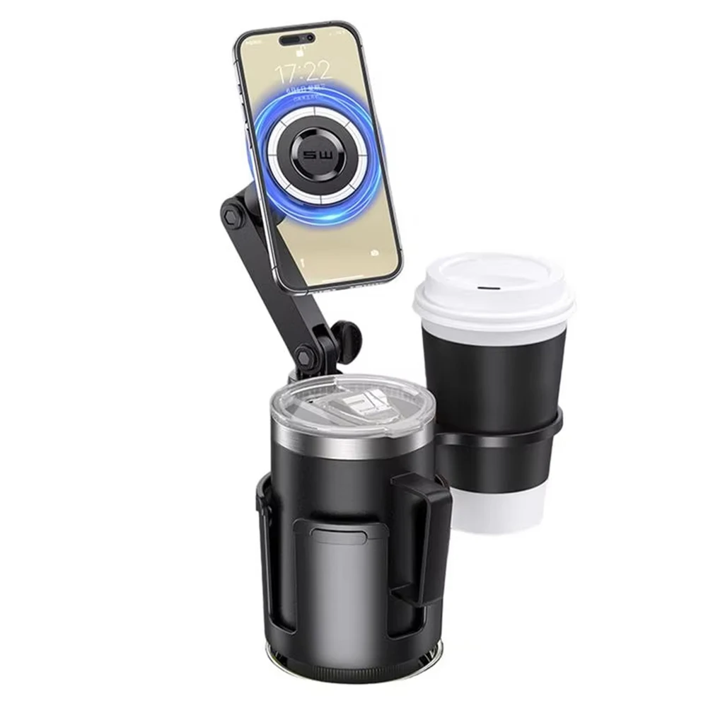 2 in1 Car Cup Holder Expander Phone Mount 360 Degree Adjustable Base Drink Holder Anti-Shake Stable Auto Bottle Holder Organizer