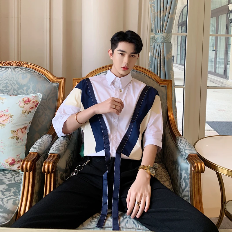 Men Contrast Color Summer Handsome Blouse Elegant Work Business Formal Office Tops Banquet Dinner Dating Oversize Palace Blouse