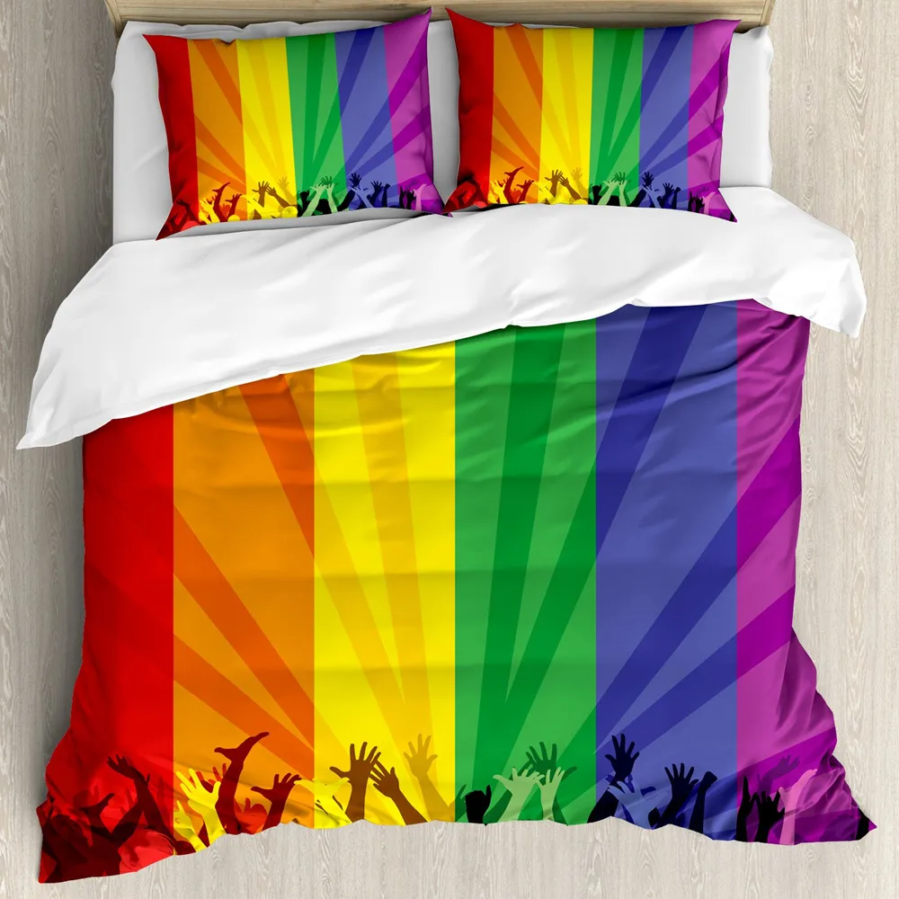 Pride Duvet Cover Set Polyester People Celebrating International Day for LGBT Community with Colorful Striped Design Bedding Set