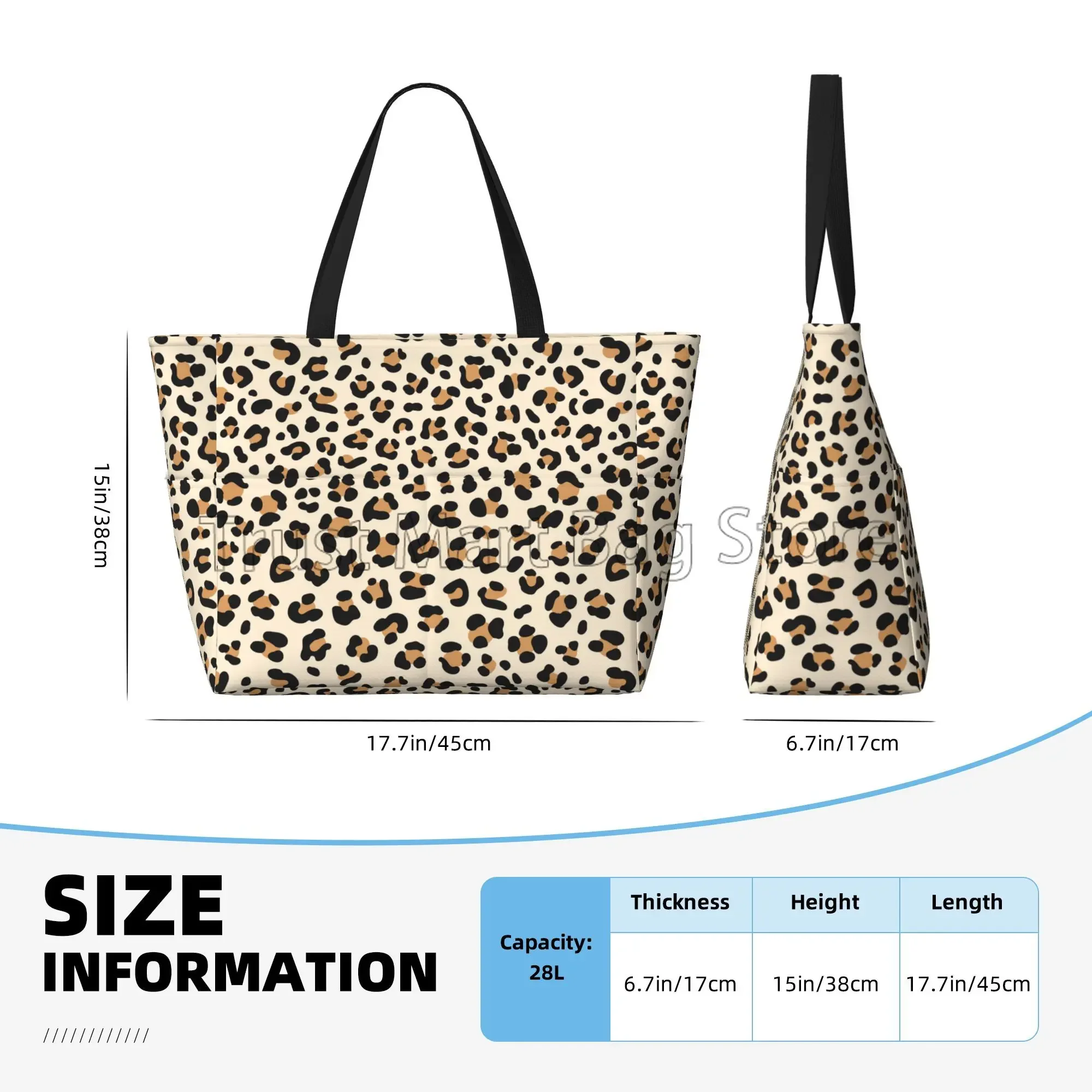 Bolsa de praia grande à prova d'água com estampa de leopardo para mulheres, sacola à prova de areia, bolsa de piscina com zíper e bolsos para viagens, férias, academia