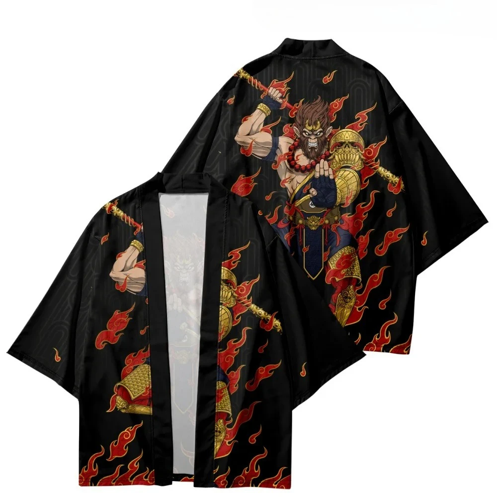 سترة مطبوعة على الطراز الياباني باللون الأسود على شكل قرد الملك سترة هاراجوكو كيمونو للنساء والرجال سترة يوكاتا ملابس الشارع الشهير رداء علوي