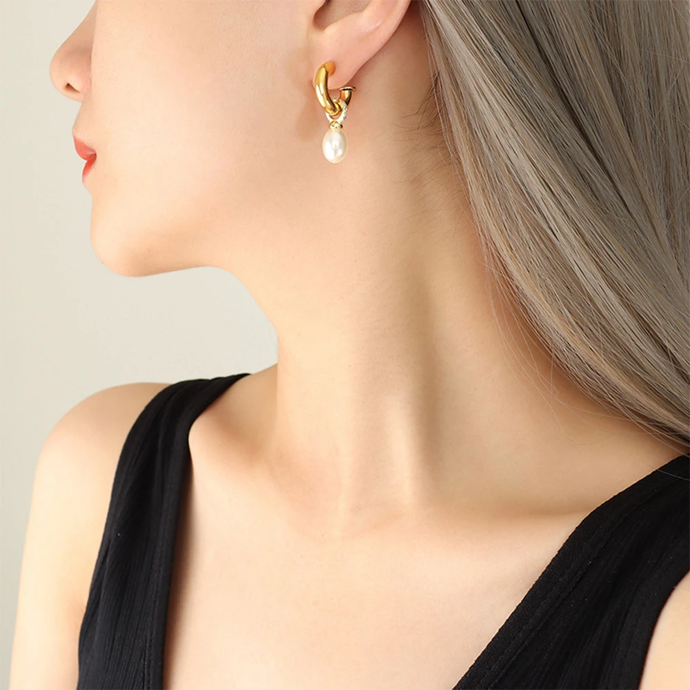 ENFASHION Aretes De Mujer Natural Removable Pearl Hoop Earrings For Women's Stainless steel 18K Gold Plated Dating Jewelry E1739