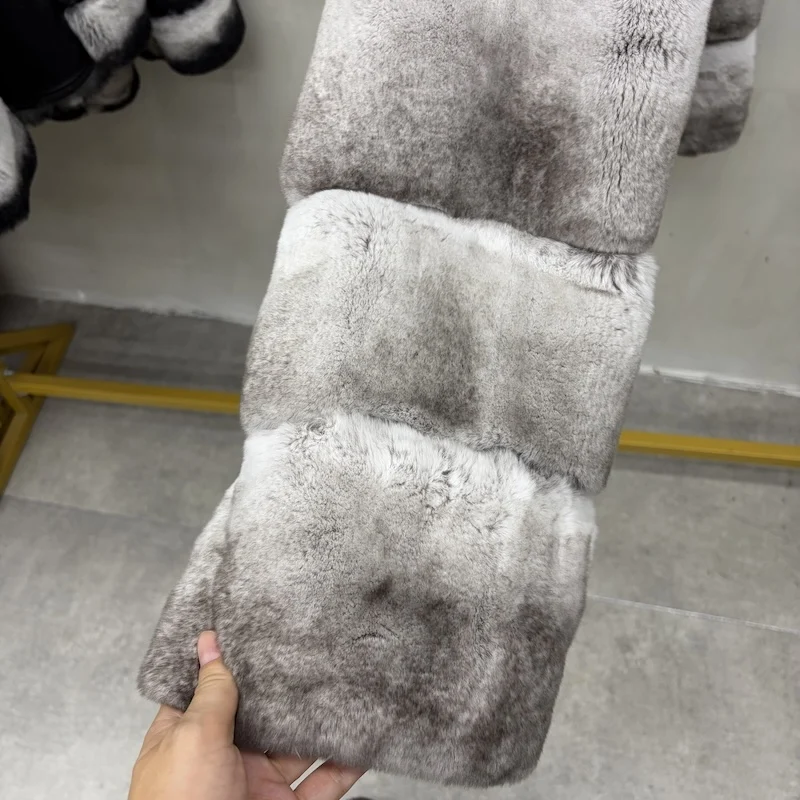 Women Real Rex Rabbit Fur Coat Stand Collar Short Jacket Chinchilla‑Look Pattern Horizontal Stripe Winter Warm Female Coat