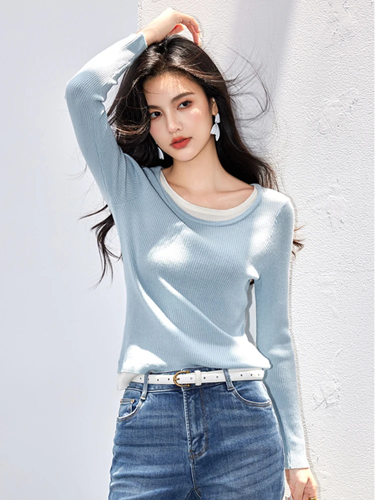 Women Fashion Knitted Sweater 2024 Autumn Winter Fake Two Piece Contrasting Color Slim Fit Knitted Sweater Long Sleeve Top
