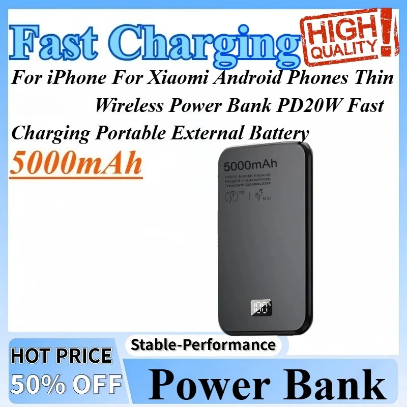 

New 5000mAh Thin Wireless Power Bank PD20W Fast Charging Portable External Battery For iPhone For Xiaomi Android Phones