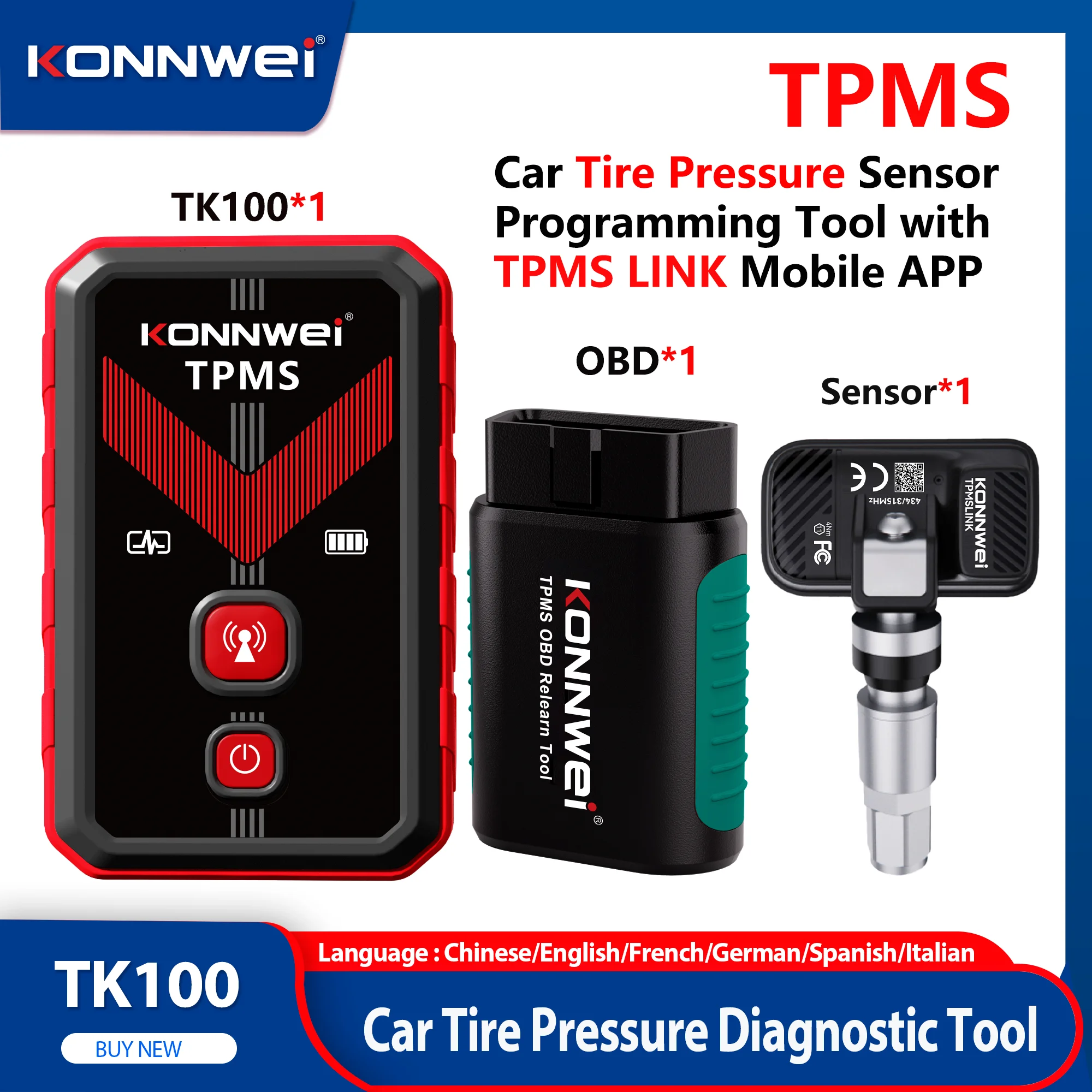 2026 KONNWEI TK100 TPMS Car Tire Pressure Diagnostic Tool 315/433MHz Sensor Relearn for iPhone & Android Free TPMS Programming