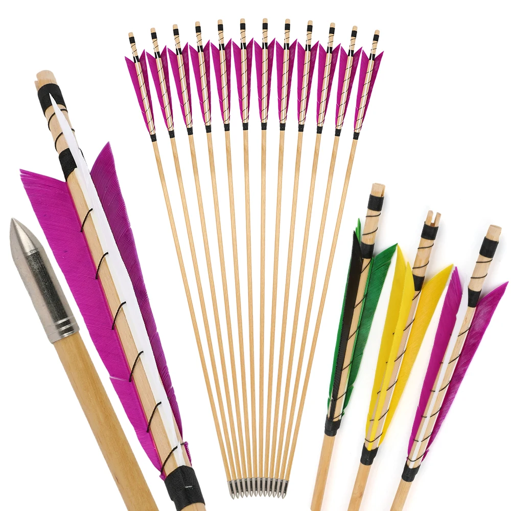 

6/12 шт., деревянная стрела, перо индейки, 32,3 дюйма, 8 мм, фиксированная наконечник стрелы из нержавеющей стали, стрельба из лука, аксессуары для охоты и практики