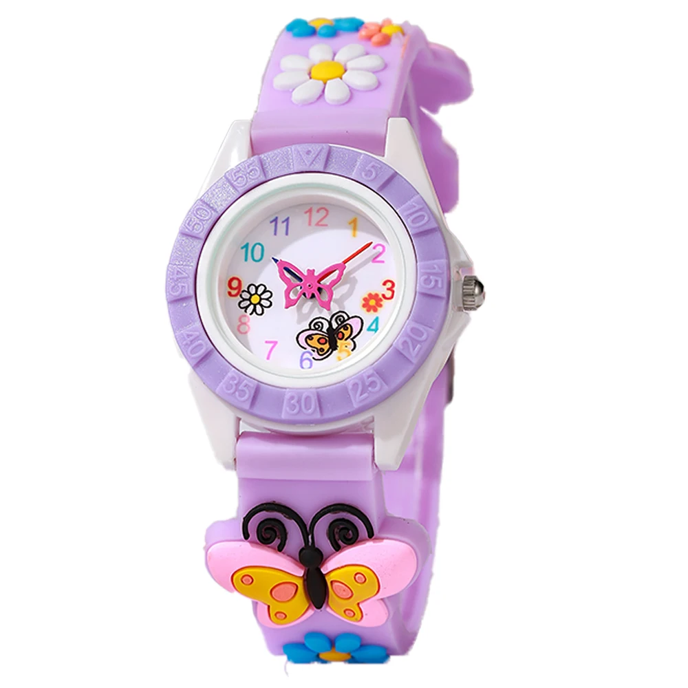 Montre pour enfants Montre à quartz digitale simple avec aiguilles en forme de papillon Montres sport décontractées Horloge en silicone violet pour