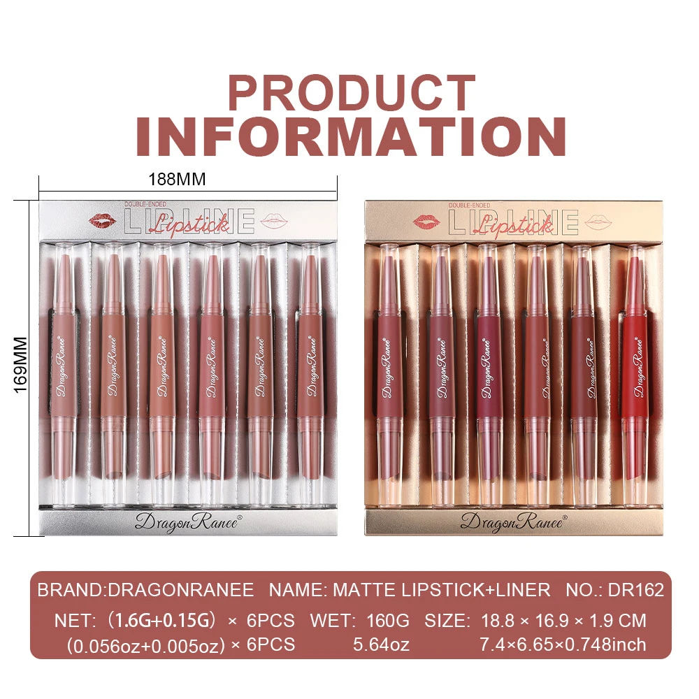 مجموعة مكونة من ستة أحمر شفاه مزدوج الأطراف، أحمر شفاه مخملي غير لامع، ملمع شفاه، سهل التلوين، غير يتلاشى، مجموعة أحمر شفاه غير لاصق #6