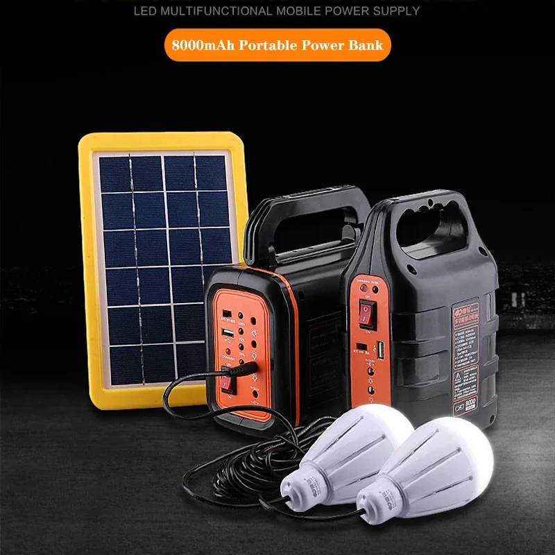 8000mAh Portable Power Bank Solar Generator Emergency Power Bank W/ LED Bulbs Solar Panel for Outdoor Camping Household Blackout
