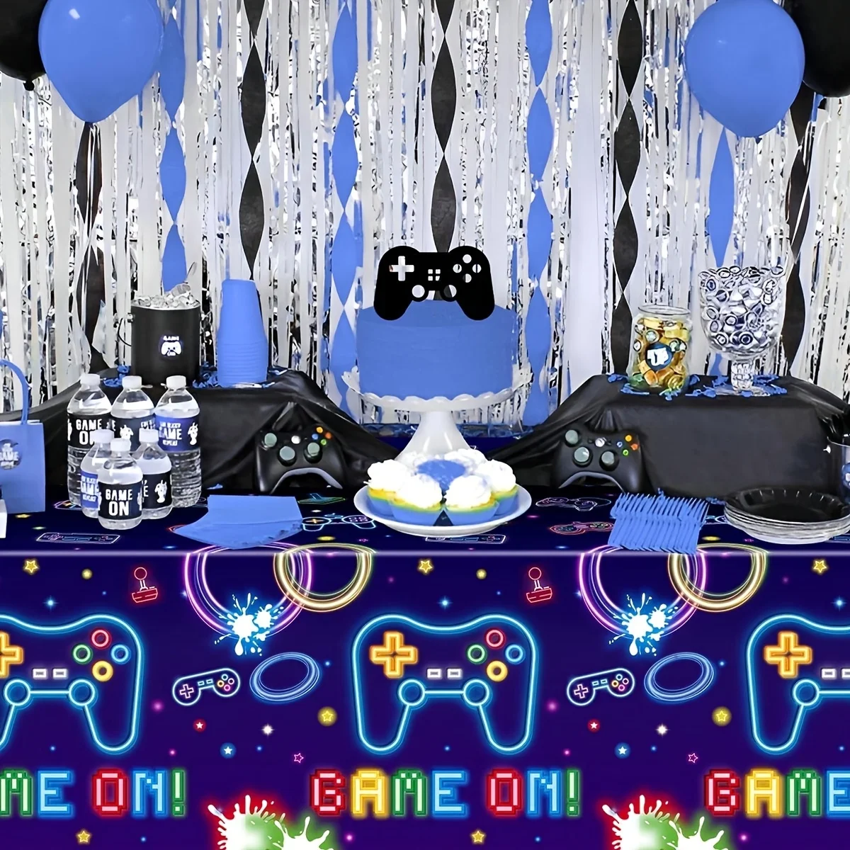 1Pc/3Pcs Party Tablecloth, Blue Colorful Fluorescent Lines, Game Controller, Game Console, Circles, Stars, Game on Pattern, Game-Themed Party Tablecloth, Birthday, Gaming Events, Festivals, Christmas, Valentine's Day, Thanksgiving, Halloween, New Year, Mother's Day, Romantic, Wedding, Anniversary, Date, Love, Party, Celebration, Event, Table Decoration Tablecloth