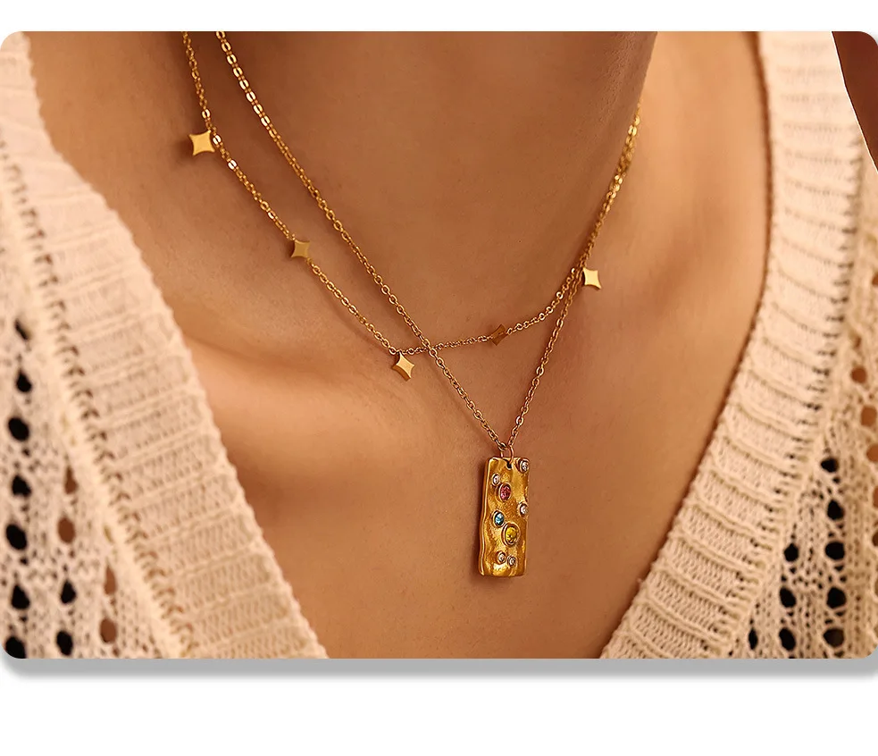 Edelstahl-Halskette für Frauen, quadratischer Anhänger, Zirkon eingelegtes Schlüsselbein, wasserdichte Kette, luxuriöser Charme, Modeschmuck, Geschenk – Detail 5