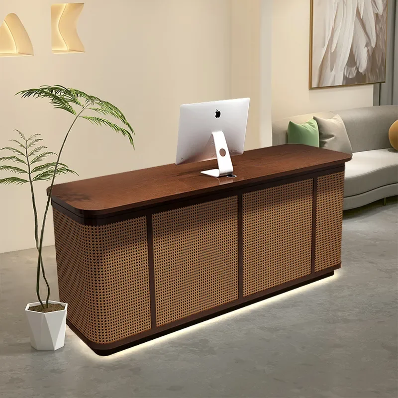 for Wabi Shafeng Rattan Reception Desk Baking Paint Counter Table for Bar Checkout Page B&B Hotel Restaurant