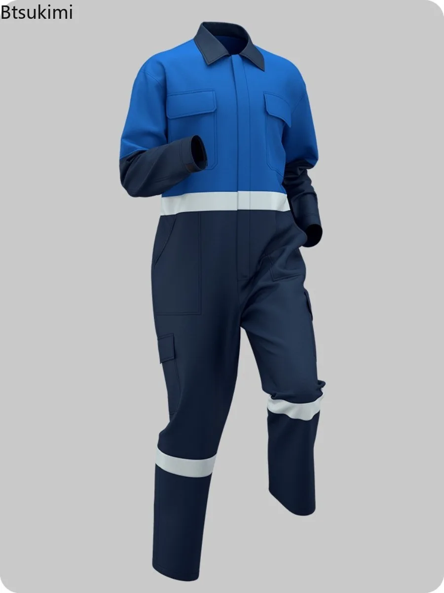 Men Working Workshop Overalls Jumpsuit Long Sleeve Multi-pocket Color Blocking Full-body Bodysuit for Cleaning Car Repair Outfit