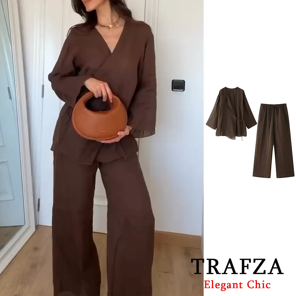 TRAFZA-Conjunto de 2 piezas de estilo pijama para mujer, camisas lisas con cordones y pantalones de cintura elástica Vintage, conjuntos de pantalones elegantes para mujer