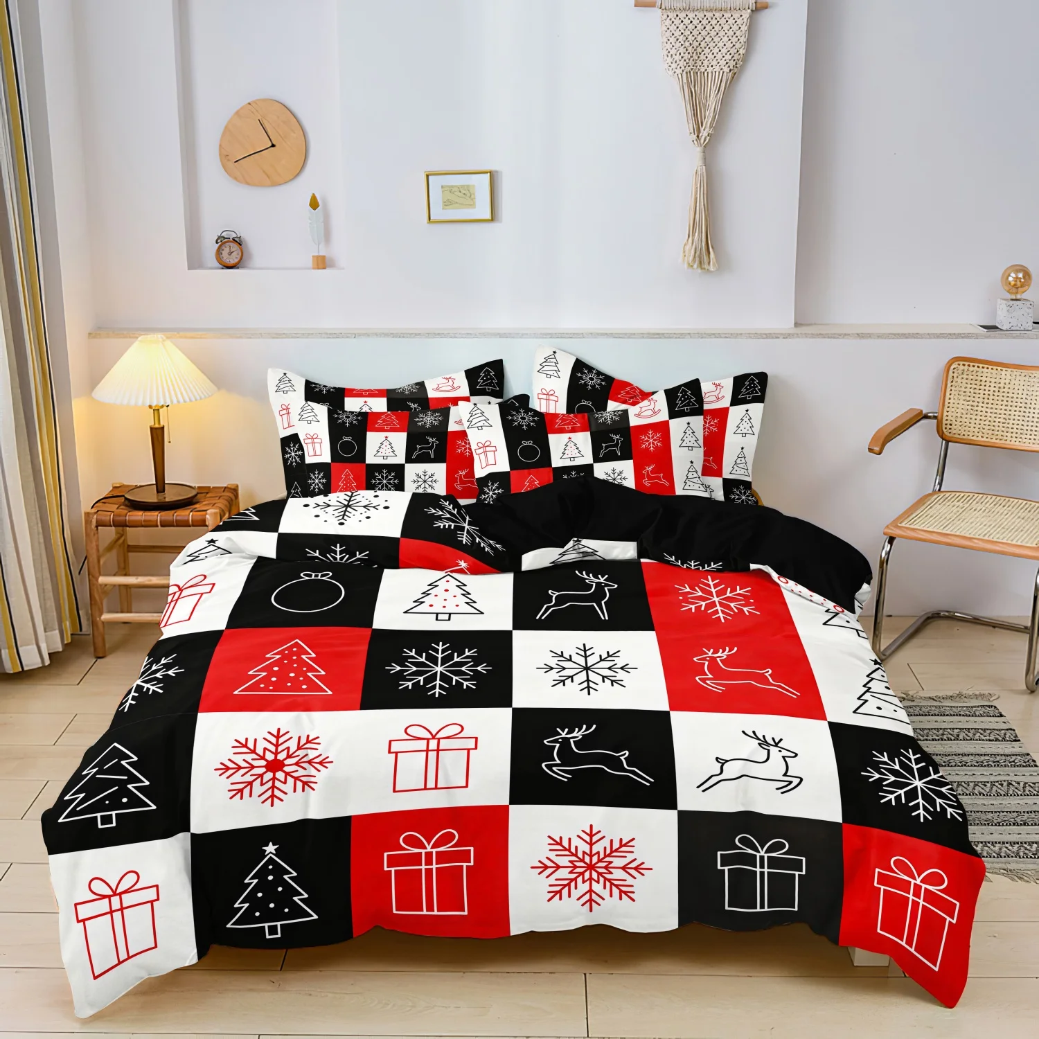  3Pcs Red Black White Plaid Grid Christmas Duvet Cover Set, Line Drawing Reindeer Snowflake Gift Box Pattern Bedding,
