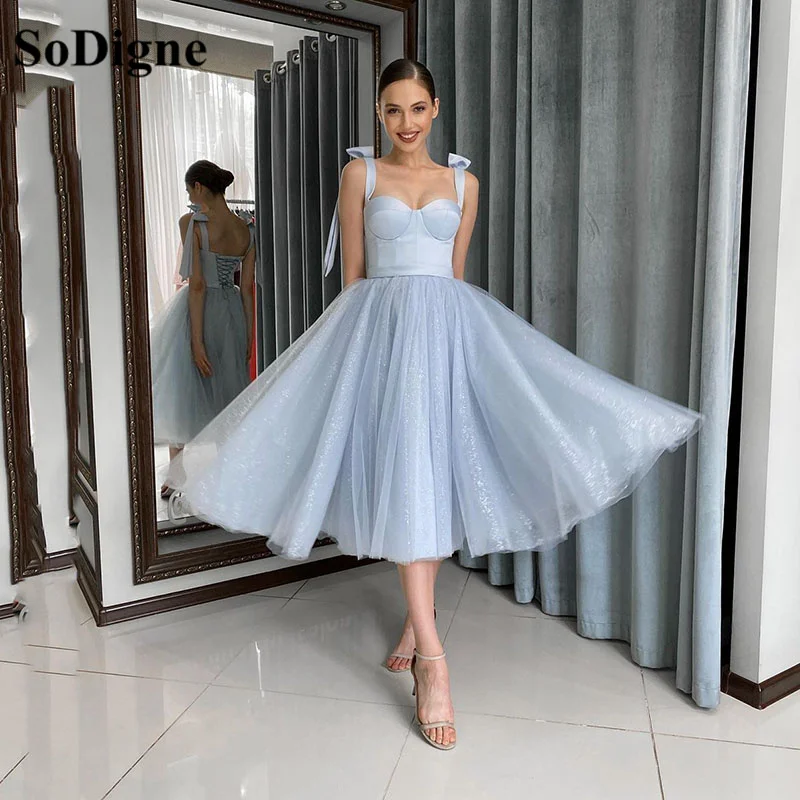 

SoDigneSparkly Glitter Tulle Prom Dress Sweethearts Tea-Length Prom Gowns Corset Wedding Party Dresses