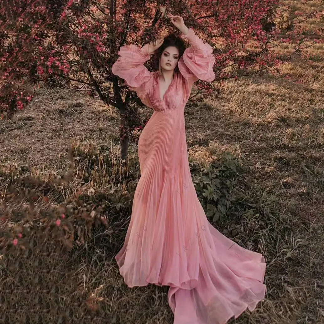 Vestidos de baile flare uma linha em camadas vestido grávida com mangas trem babados rosa longo matermity vestidos elegância