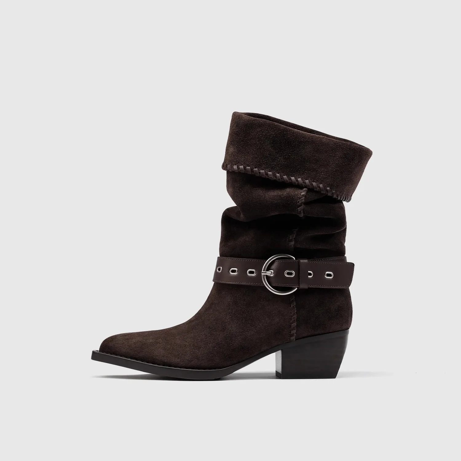 Women's Retro Mid-tube Pointed Boots Knight Short Boots Mid-heel Pleated Western Cowboy Pile Boots Casual Outdoor Cosplay Shoes