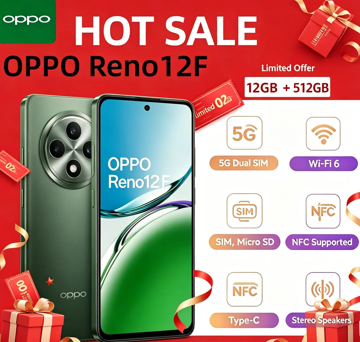 Popular Hot 2026 Global Unlocked OPPO Reno12F Android Phone 12+512GB Large Memory Module Optimized Running Stable Smart