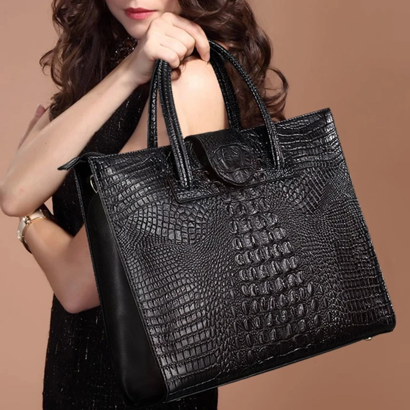 Nesitu 2025 Black Grey Red Purple Blue Crocodile Skin Pattern Split Leather A4 Women's Handbag Tote Shoulder Messenger Bag M1009