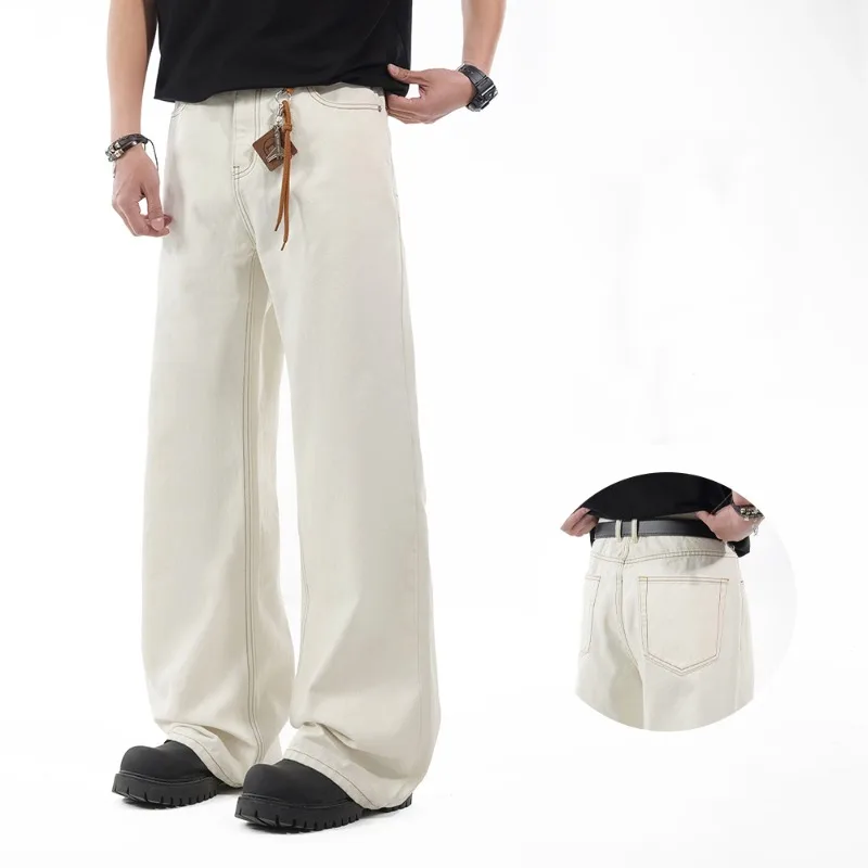 

Men's Clean Fit Loose Flared Jeans Beige Vintage Washed Bootcut Denim Pants Male Casual Daily Streetwear No Accessories