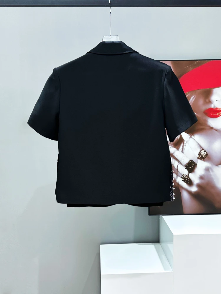 2025 Summer New High-end Coats Male Zipper Decoration Hot Diamond Short Sleeve Black Jackets Trousers Men's Pearl Pants Sets