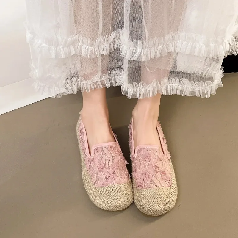 أحذية نسائية كاجوال سهلة الارتداء لامعة ترتر كتان مسطح القاع نمط صياد تنفس شبكة خمر أحذية الصيف الرجعية