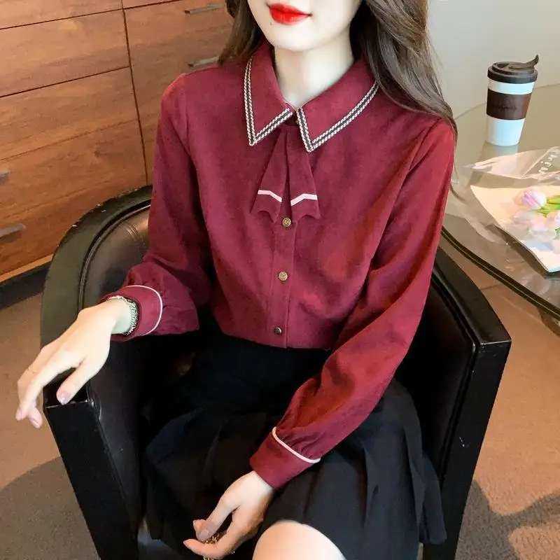 Korean Fashion Autumn New Women\'s Sanding Solid Bow Single Breasted Simplicity Preppy Style Chic Loose Long Sleeve Shirts Tops