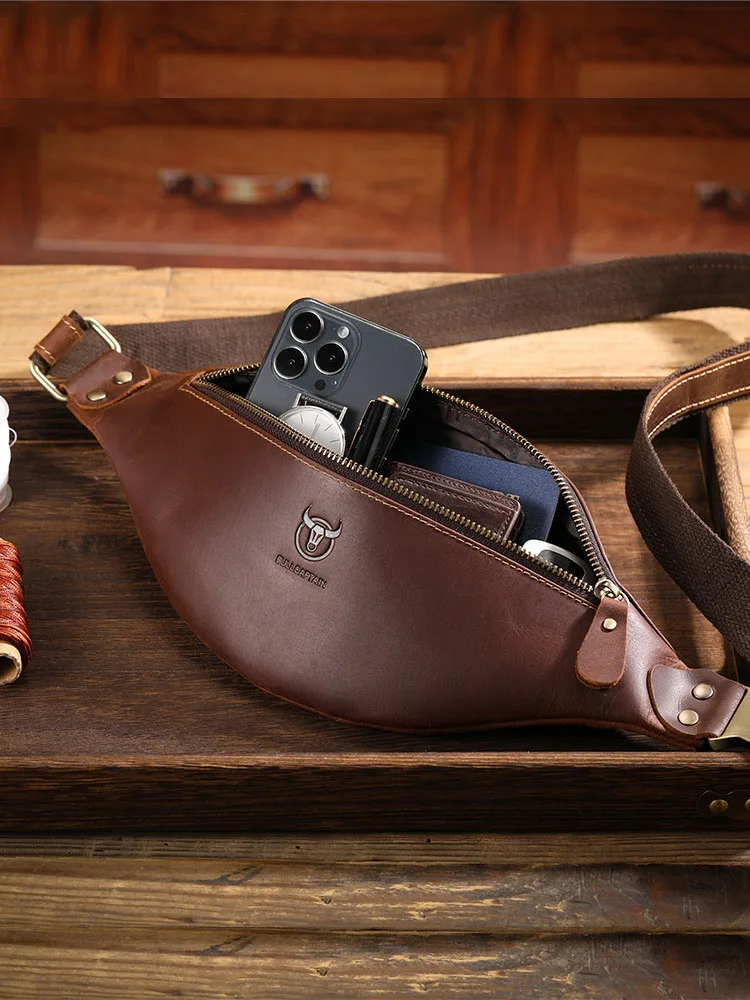 Men\'s Crazy Horse Leather Belt Waist Bag Male Retro Crossbody Bag Mobile Phone Chest Bag Fanny Pack Men Banane Sac Homme