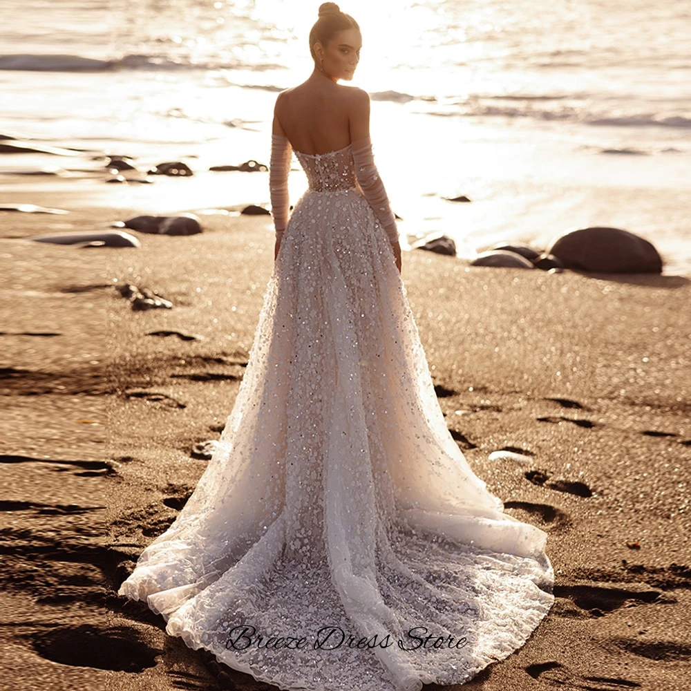 Dreamy Customized Tulle Vestido De Novia with Sequined Sexy Side Slit Strapless Wedding Dress Elegant A-Line Robe de mariée