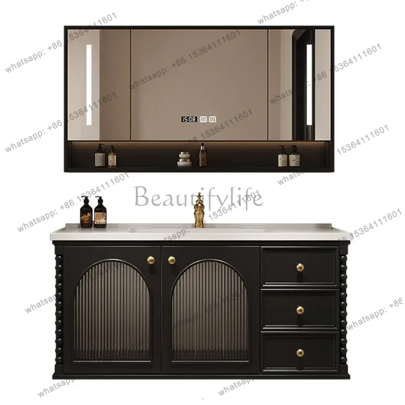 New Chinese retro style bathroom cabinet combination rock slab ceramic integrated basin washstand cabinet
