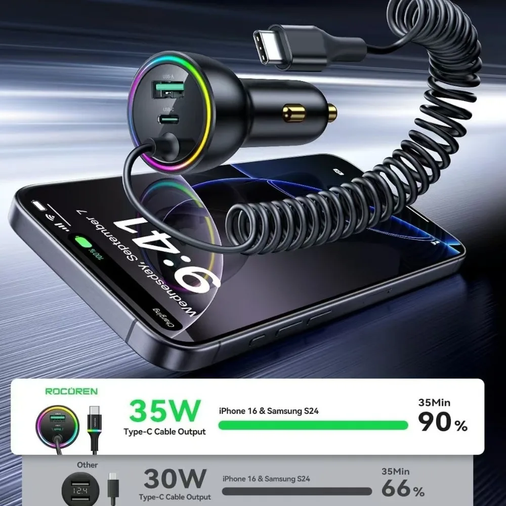 

Автомобильное зарядное устройство USB C Type-C, 70 Вт, сверхбыстрая зарядка, черный пружинный зарядный кабель, светодиодная подсветка для iPhone 16 15 Pro Max