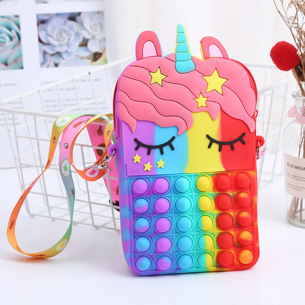 Kawaii Fidget Toys Popite Big Silicone Bubble Decompression Toy Unicorn Bag Coin Purse Simple Dimple Crossbody Bags for Girls