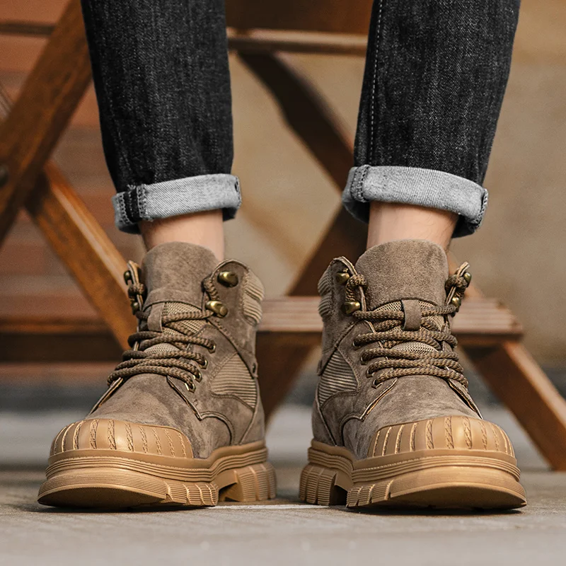 Мужские рабочие ботинки для альпинизма на открытом воздухе: новые большие желтые ботинки 2025 года, прочная рабочая обувь в британском стиле с высоким берцем, увеличивающая рост
