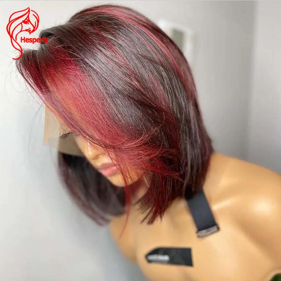 Hesperis Glueless Lace Front Human Hair Wig Red Highlight Brazilian Remy Short Bob Cut Lace Frontal Wig Pre Plucked Side Part