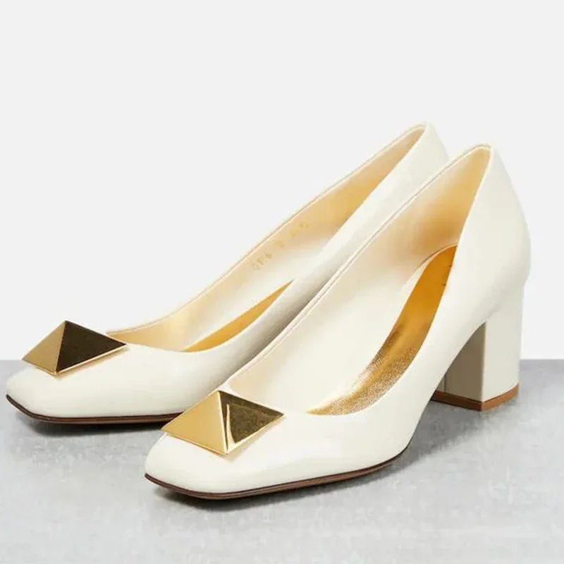 

Square Toe One Rivet Thick Heel Single Shoe Slip-On Large Size Solid Color High Heels